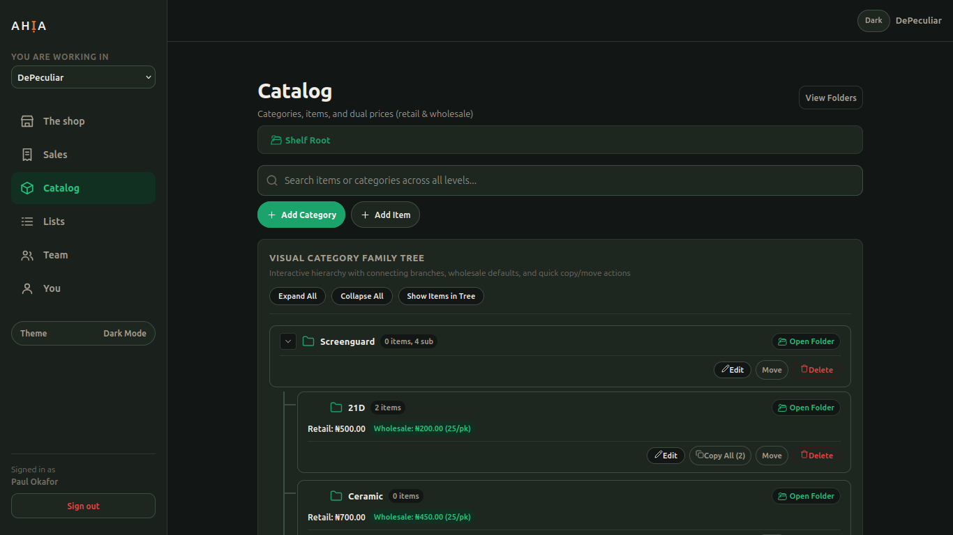 AHIA catalogue with hierarchical categories