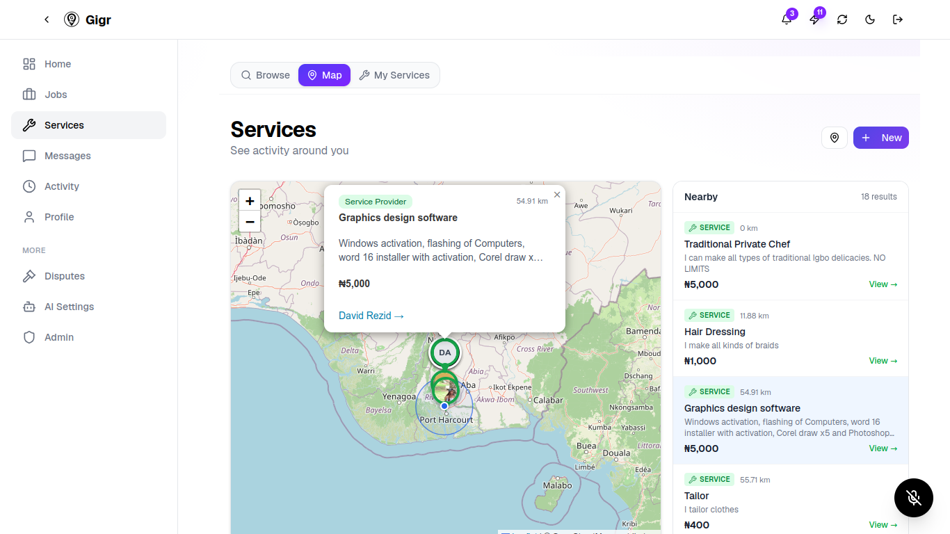 Gigr map view with nearby jobs