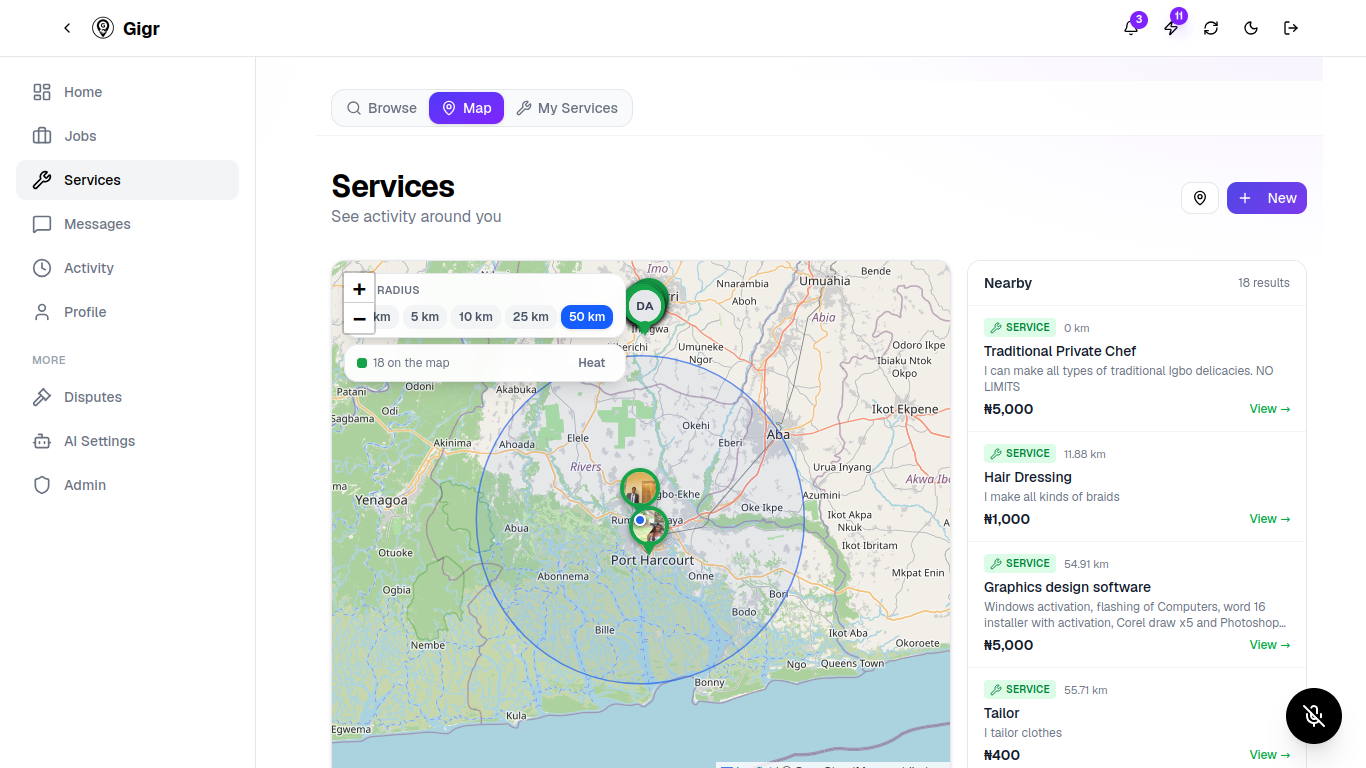 Gigr map view with radius control