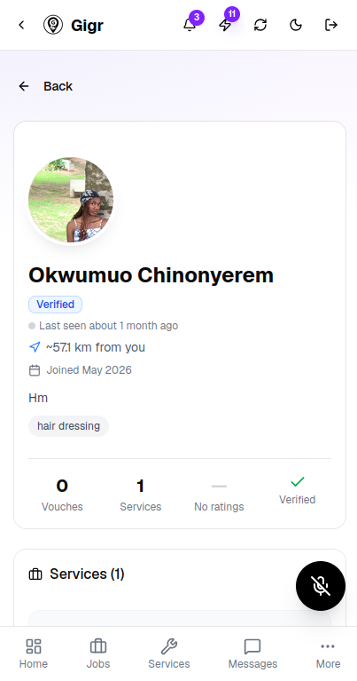 Gigr public profile with vouches